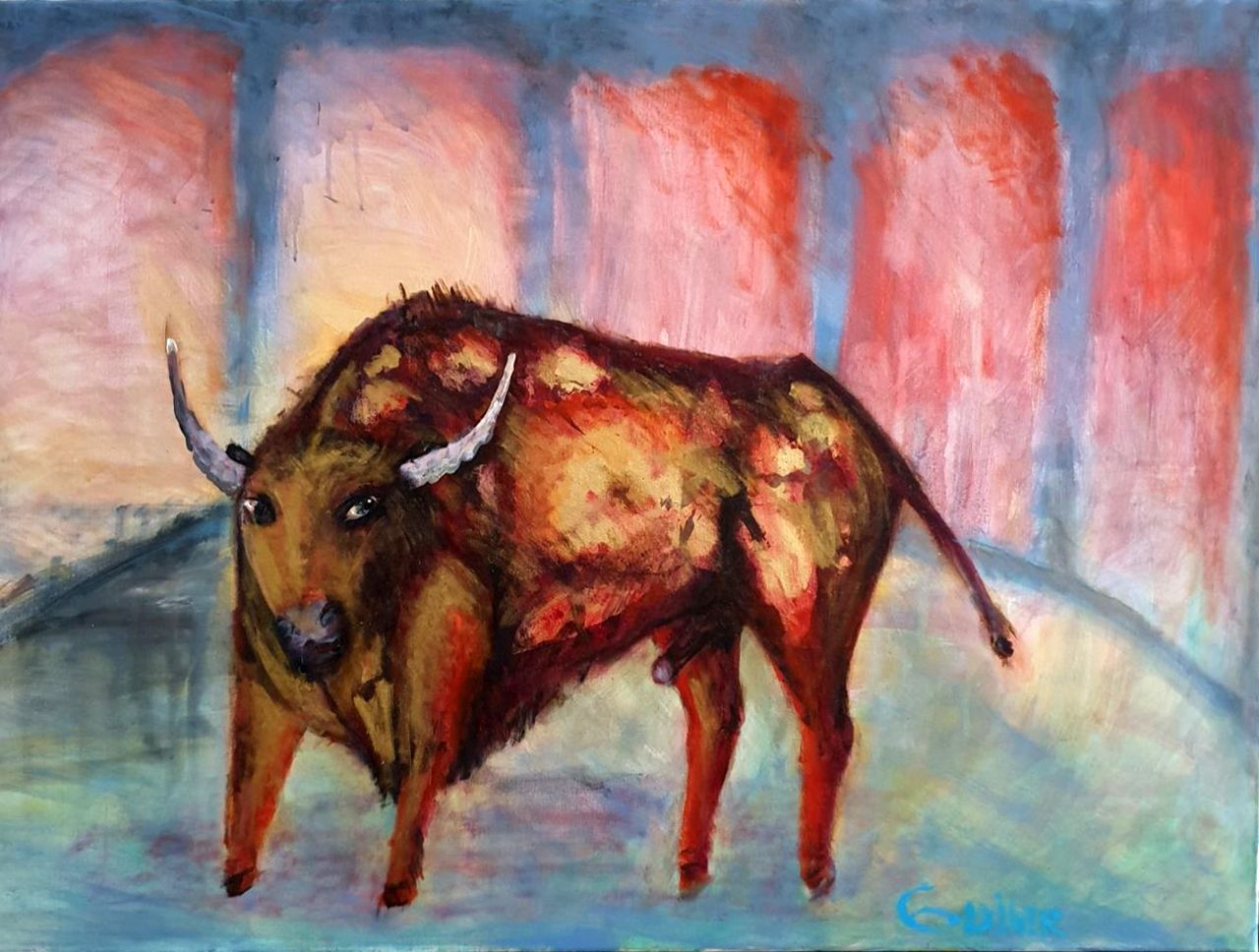 Contemporary painting. Image of a bull. Oil paints and gold leaf are used for the image.