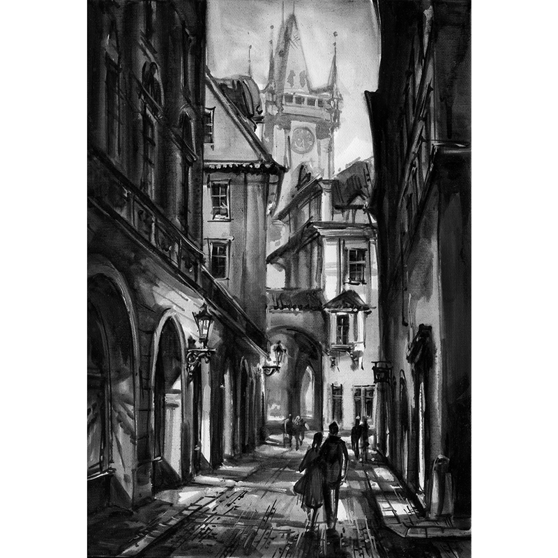 Black and white painting on canvas with a view of Prague. Material oil.
