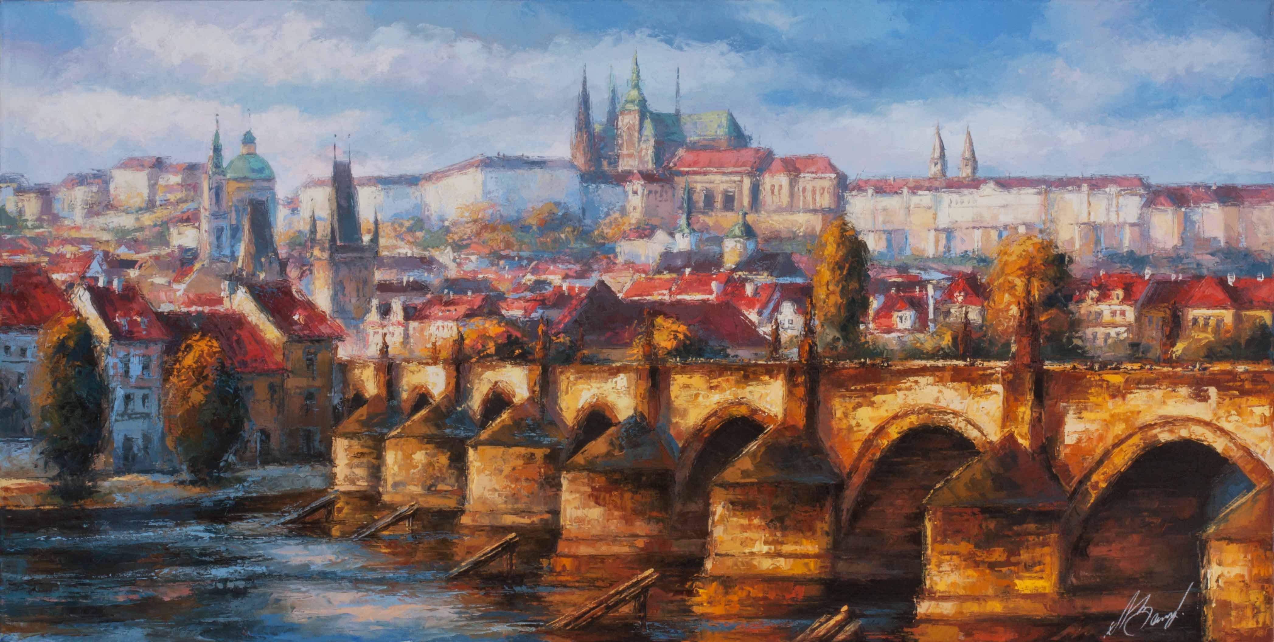 "Autumn in Prague  and river" Oil on canvas by Alexandr Klemens. View of Prague. Panorama