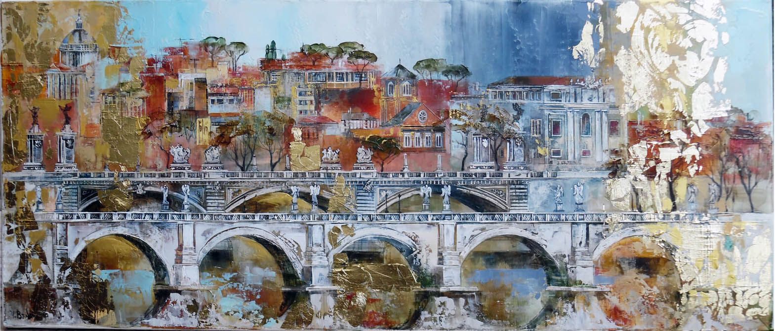 ancient bridge, modern painting, Florence in the painting, decorative painting, gold leaf painting, urban landscape, ancient city, water image.
