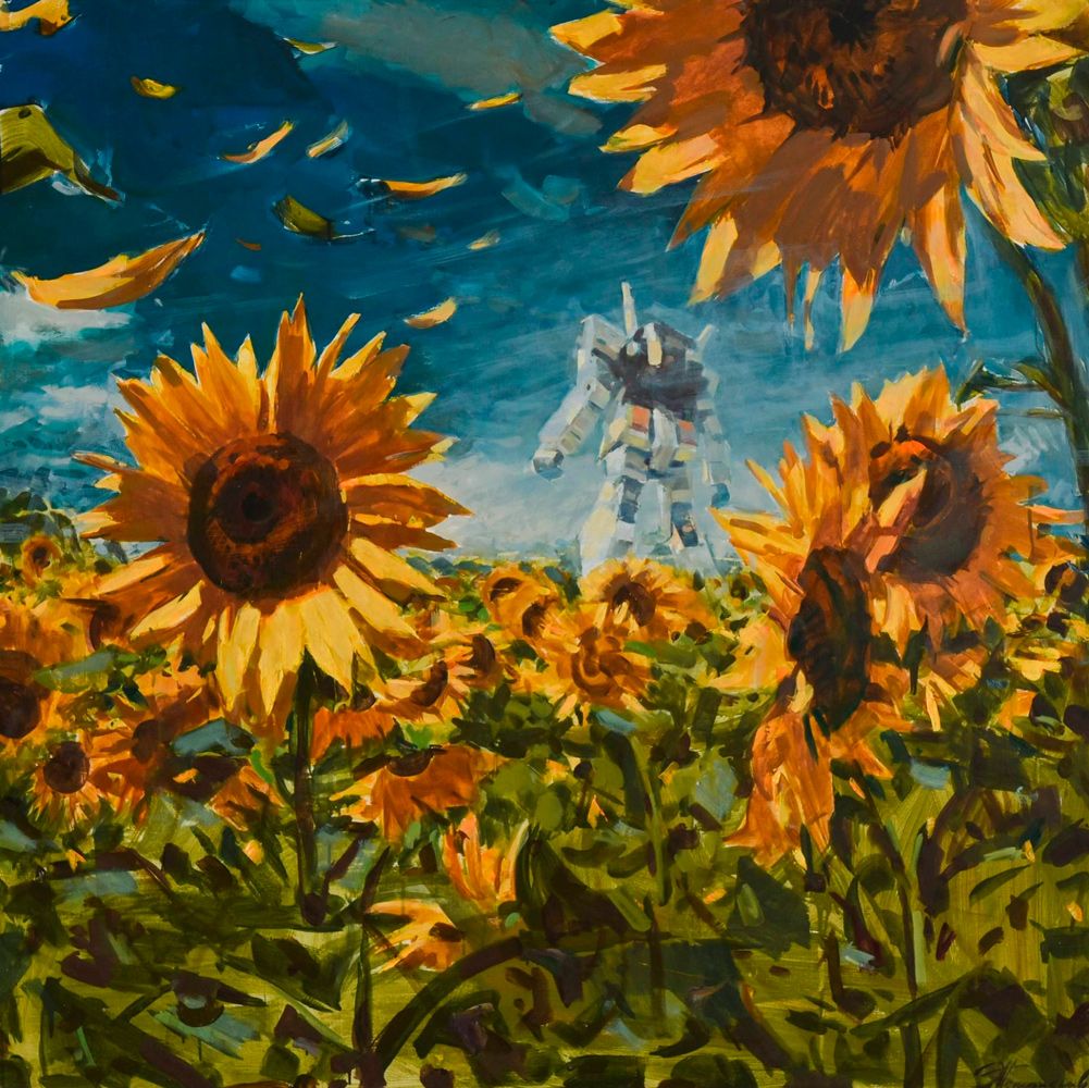 Contemporary painting. Sunflowers. Bright sunny. Blue sky. Field of sunflowers. Transformer in the field
