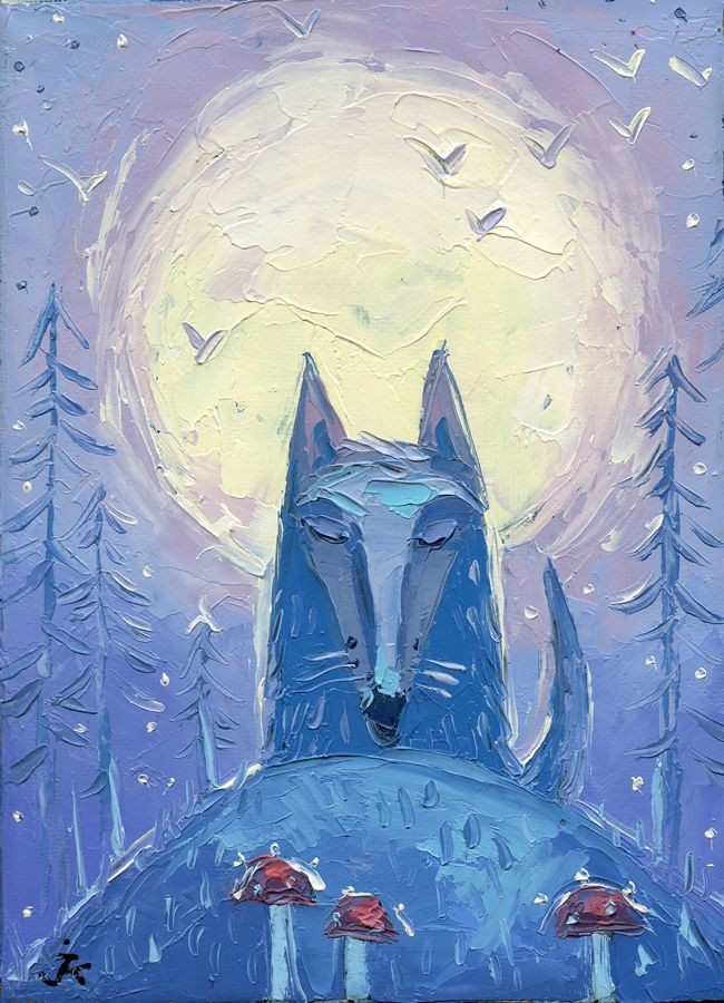 wolf in the night forest. The moon and the wolf.