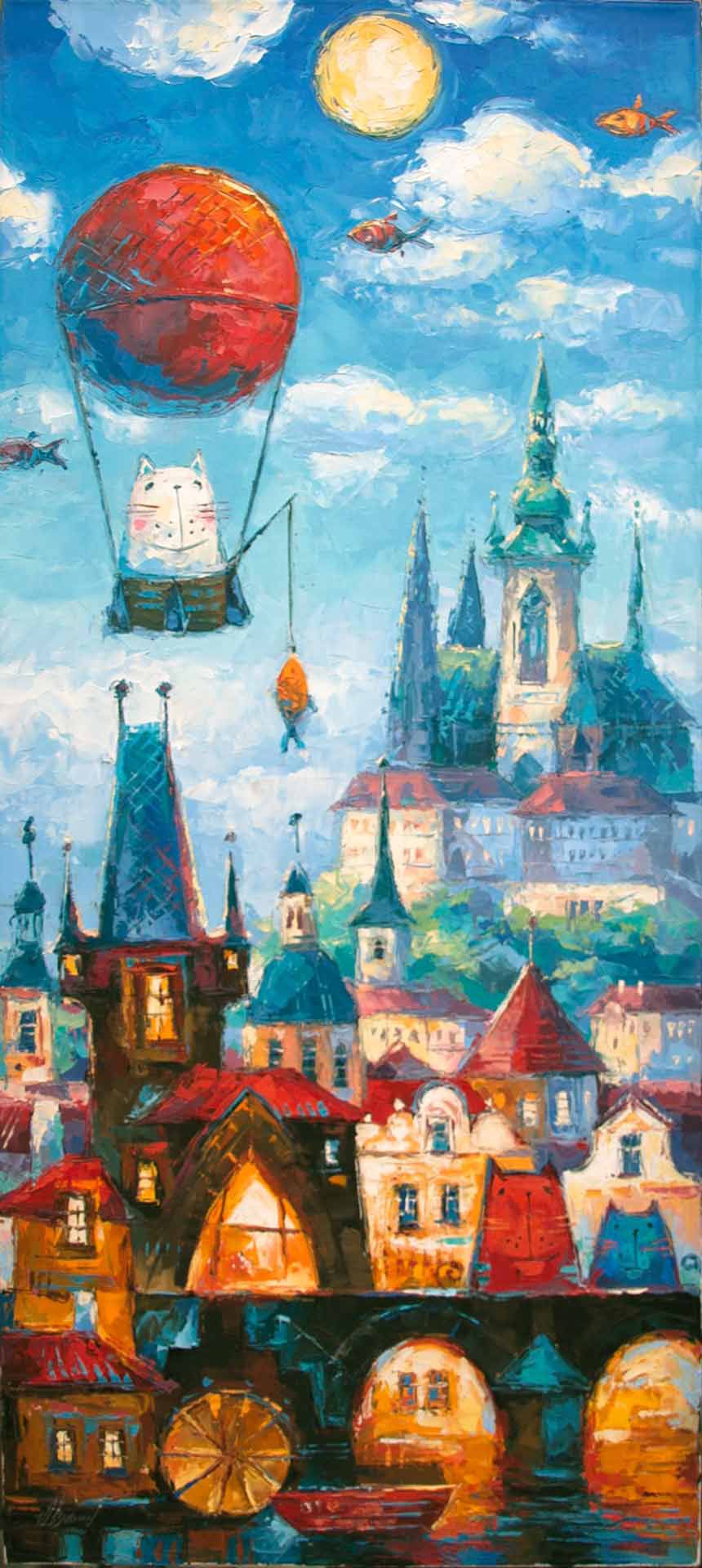 Medieval town. White cat in a balloon. A fabulous picture for children. Contemporary painting. Prague. A cat with a fishing rod is fishing. Gold fish. Bridge and river.