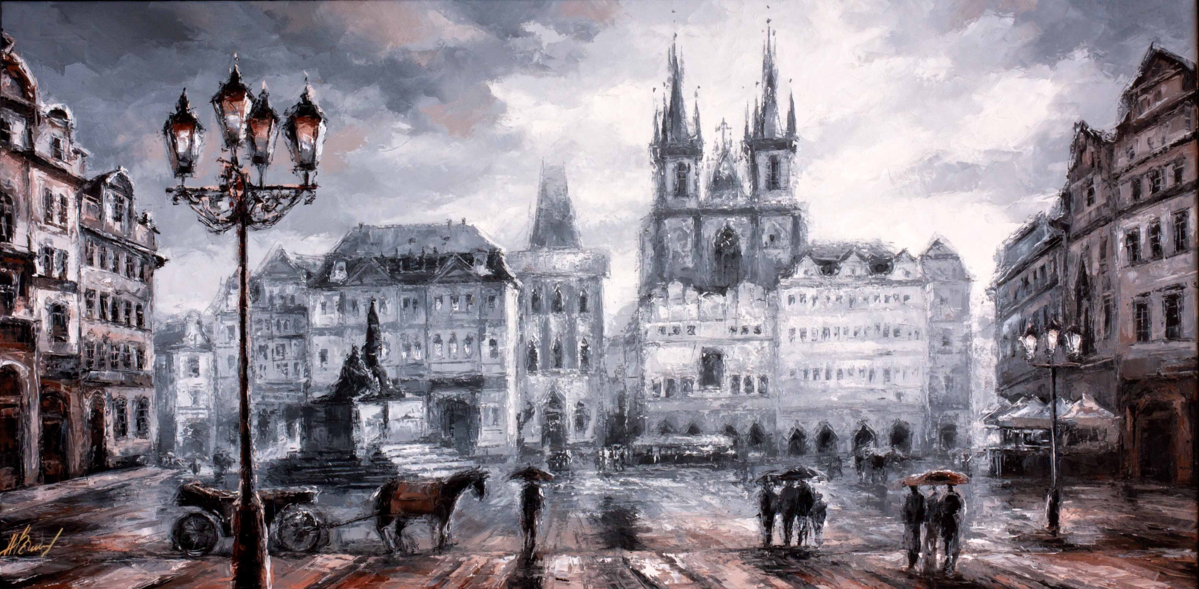 Oil painting. "Old town square" Architecture - Picture - art - Horse - Street light - Paint - Morning - City - Facade - art - Spire - Medieval architecture - Urban landscape - History - Tourism - Church - Scenery - Tourist attraction - Town Squar