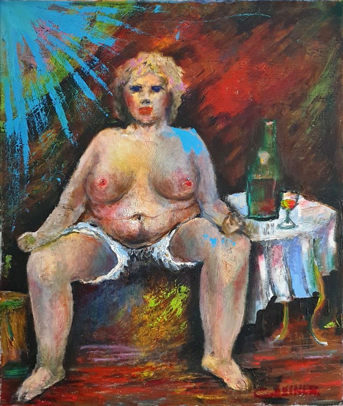 Contemporary painting. Plump woman in lingerie. Absinthe