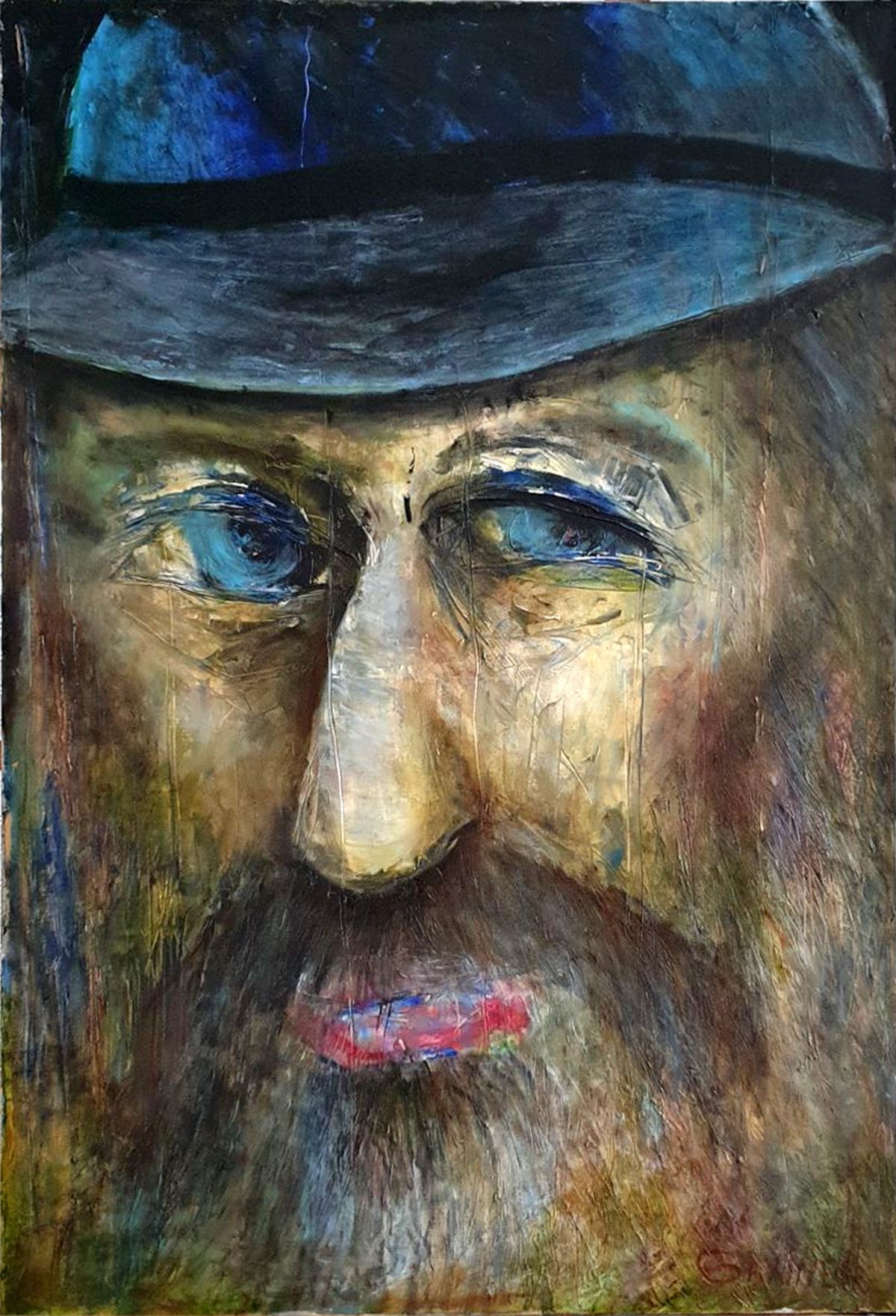 Contemporary painting. Portrait of a bearded man in a hat. Magic painting. Portrait of a magician.
