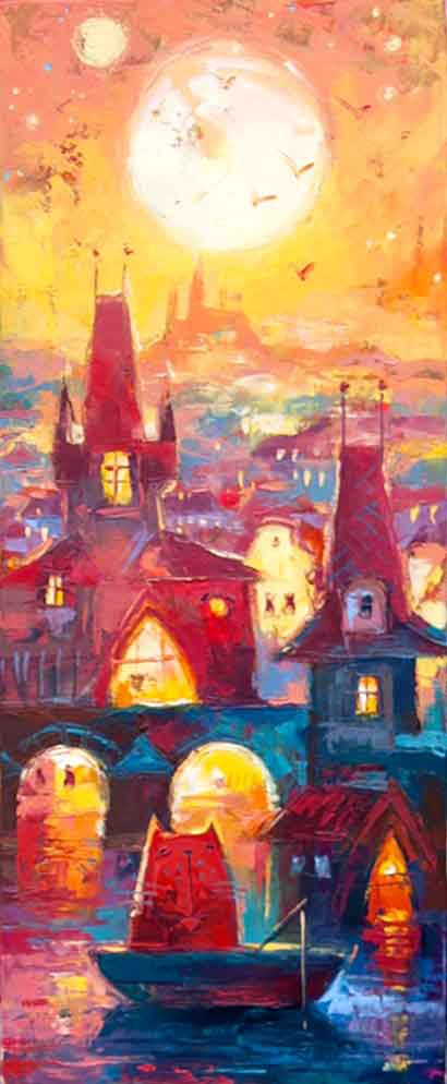 The cat is fishing from the boat. Night gothic city. The Charles Bridge. Sunny sunset over Prague. Children's tale in the picture.