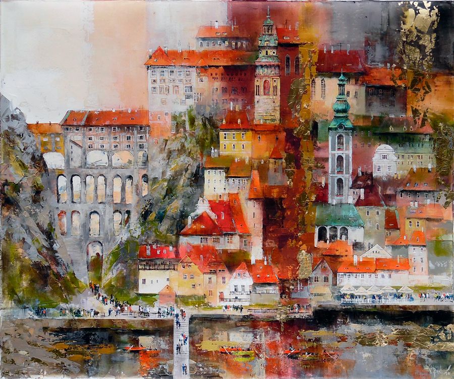 Medieval city. Acrylic painting. Sharp gothic towers. gold.