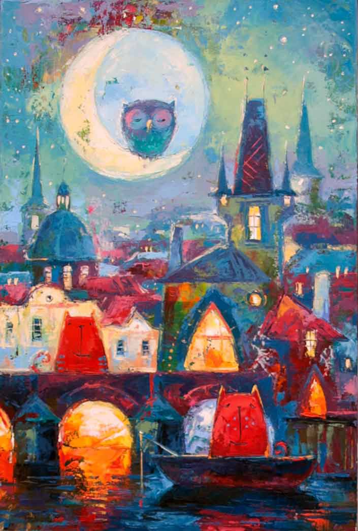Night. Owl on a branch. picture for children. Sleeping owl. Starry sky. Old City. A month over Prague. A fabulous city in the picture. The red cat is fishing. Medieval bridge. Reflection in water.