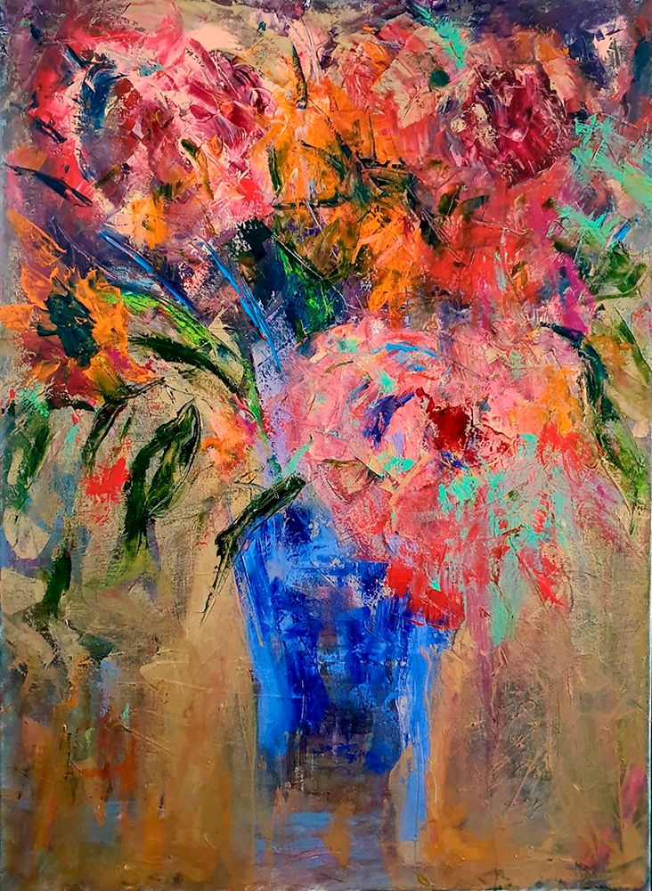 A bouquet of flowers in an impressive manner. Bright colors. Painting with a palette knife. Contemporary painting in the Satija Gallery.