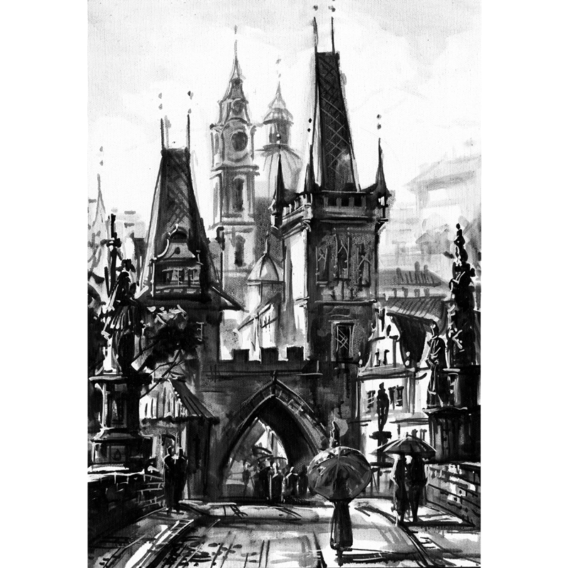 Black and white painting. Painting with a view of Prague. Contemporary oil painting. View of the Mostieckaya tower. Popular view of Prague.