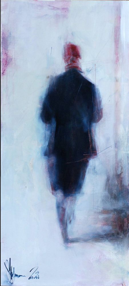 palette knife, foggy silhouette, business suit, white background, Girl in the picture