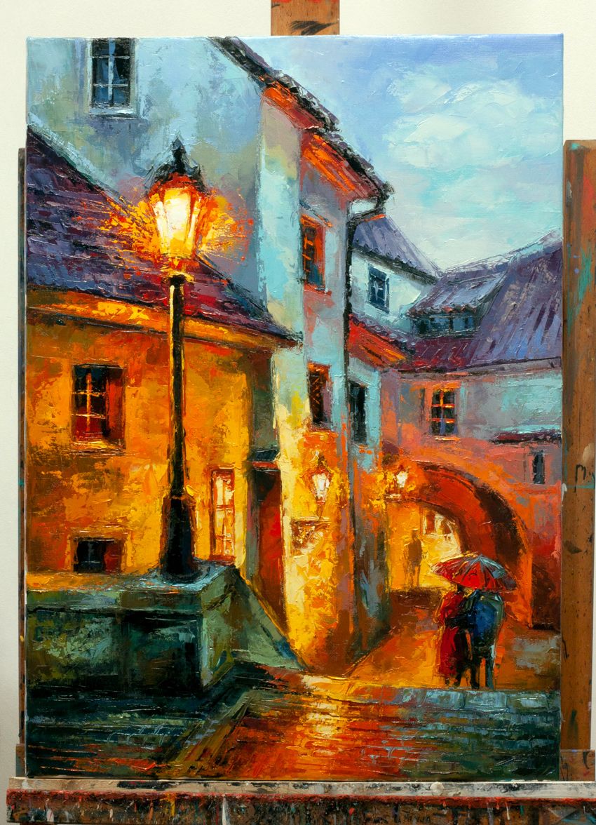 evening. Evening city. Picture of Prague. Painting with a palette knife. Night lamp. Lovers under an umbrella.