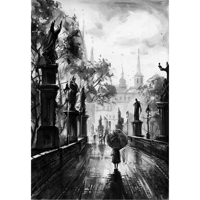 Black and white oil painting. Trees. The Charles Bridge. Rainy town. Old architecture