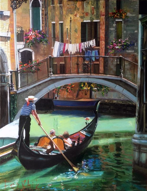 Venice. Gandola carries people along the waterways of Venice. Bright sun. Ancient architecture. Romantic plot. Bright colors.