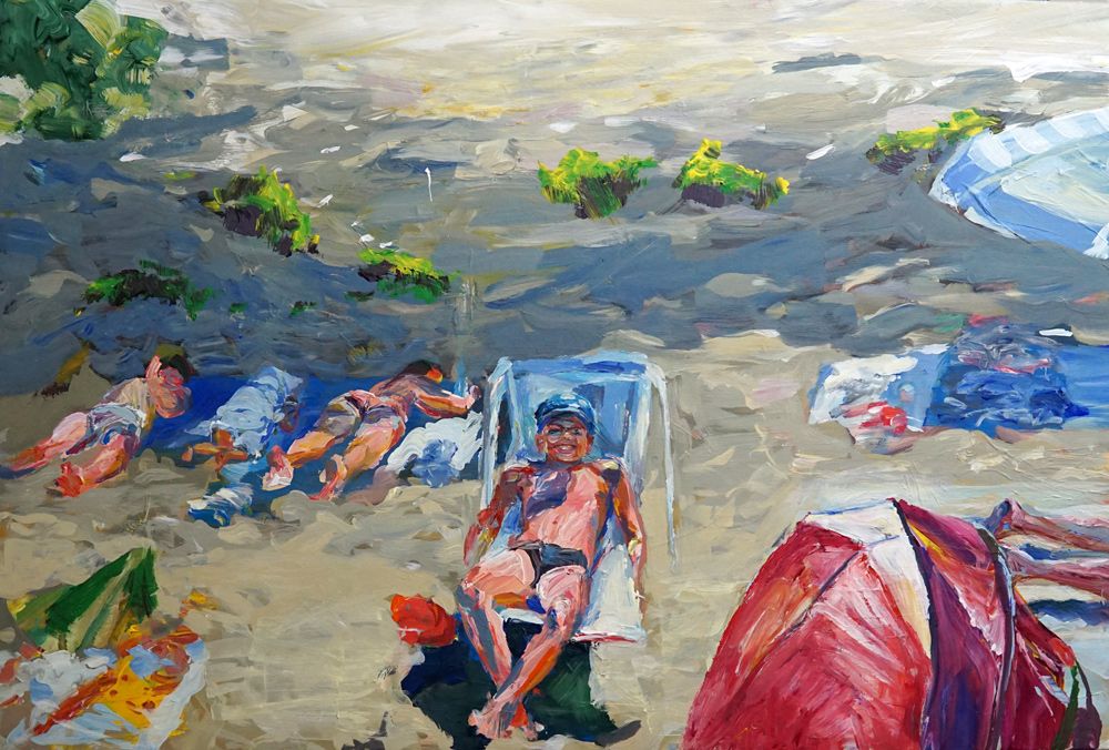 Contemporary painting. Sunbathing people. Beach. Sun and sea. Sun umbrellas.