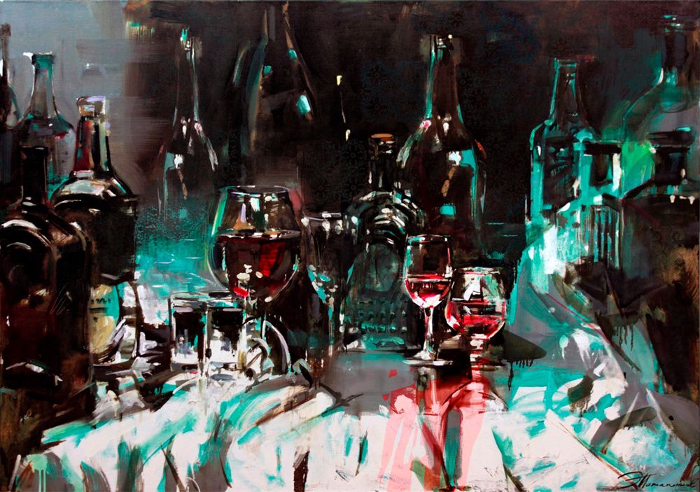 Feast. Crystal glassware on the table. Contemporary painting. Artist Eduard Potapenkov. Red wine glasses. Feast. Crystal glassware on the table. Contemporary painting. Artist Eduard Potapenkov. Red wine glasses.