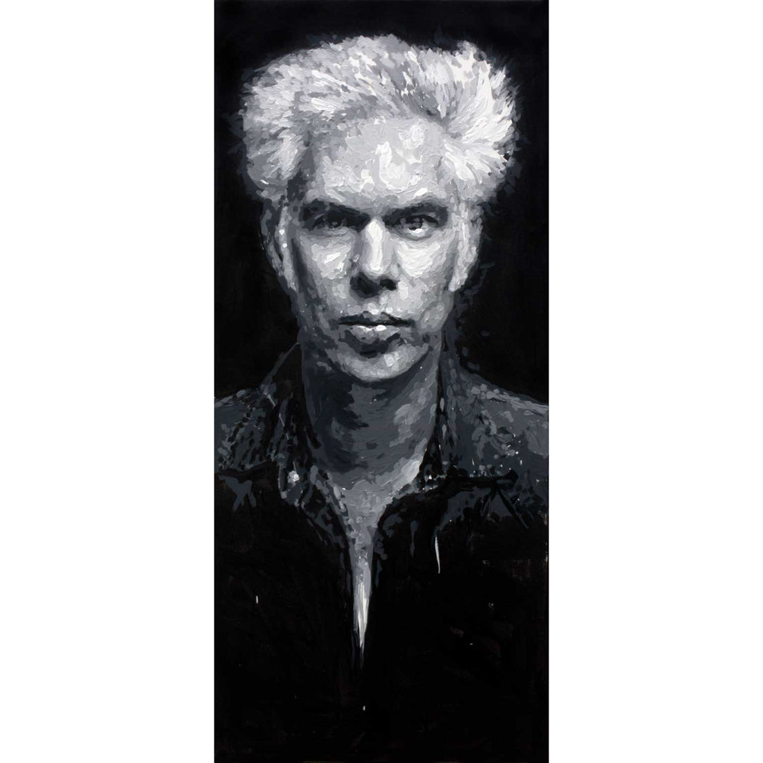 A portrait of a famous director made with acrylics on canvas. black and white. "Jarmusch" Art - Style - Picture  Black and white - Monochrome - Dark - Illustration -portrait - Artist - art - Real character - Piece of art - Modern Art - Paint   Ar