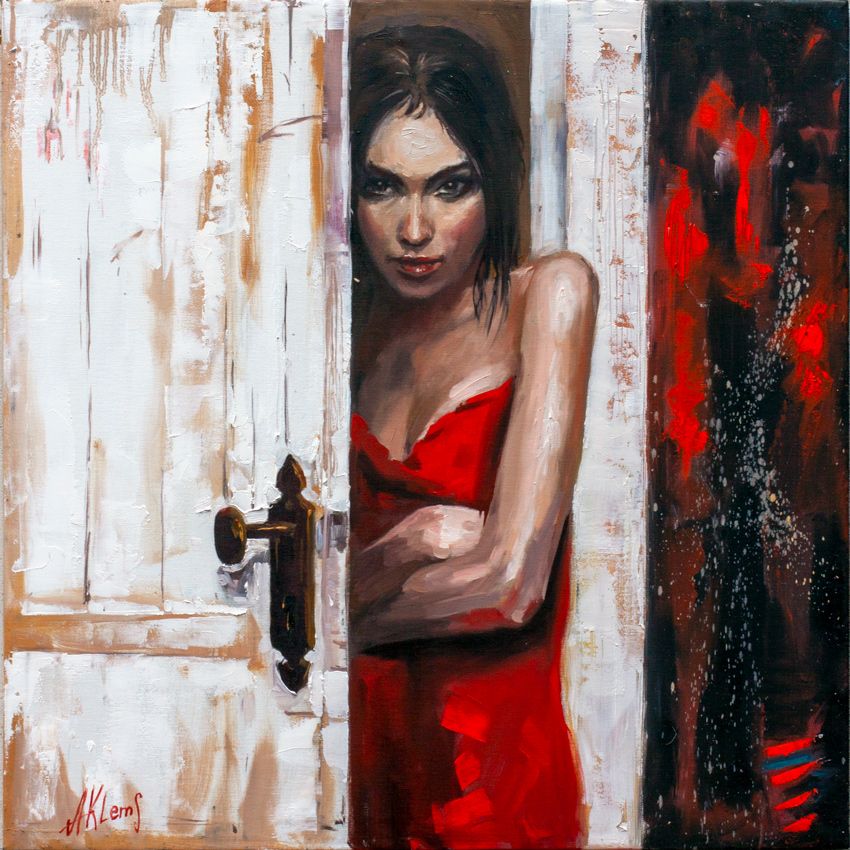A woman in a red dress stands by an ajar door, her gaze laden with enigma and romantic longing, set against a textured backdrop of white and dark red