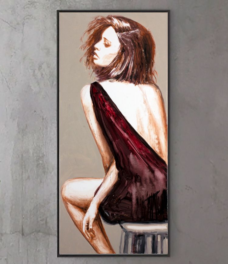 girl on a chair. evening dress, red dress, modern painting, oil painting, girl's back