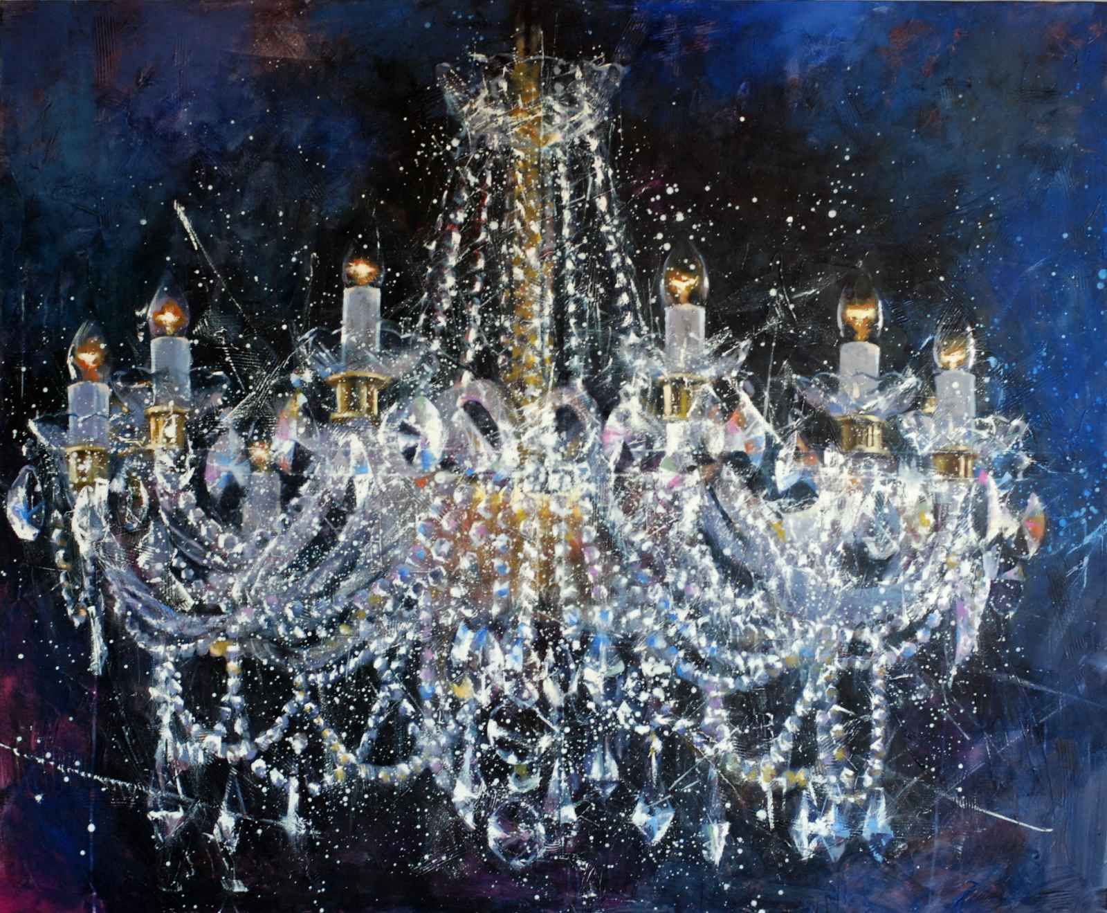 Contemporary painting. Crystal chandelier in the picture. Light in crystal.