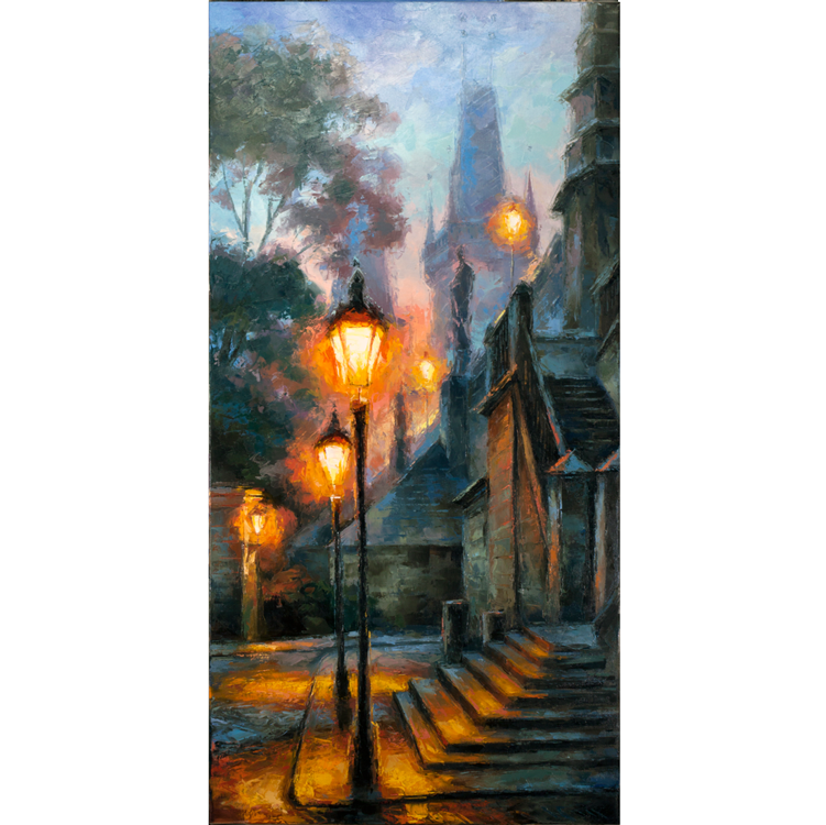 oil on canvas - painting - Street Light - Sky - Art - Atmospheric - Lamp - Landscape - Natural Landscape - Picture Frame - Tints And Shades - Painting - Rectangle - Sunrise - Light Fixture - Visual Arts - Evening - Darkness - Sunset - Modern Art