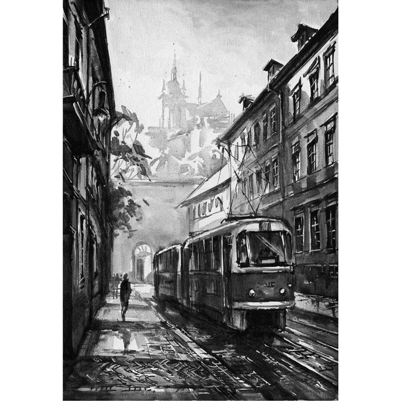 Black and white painting. Painting with a view of Prague. Contemporary oil painting. Prague tram. Picture