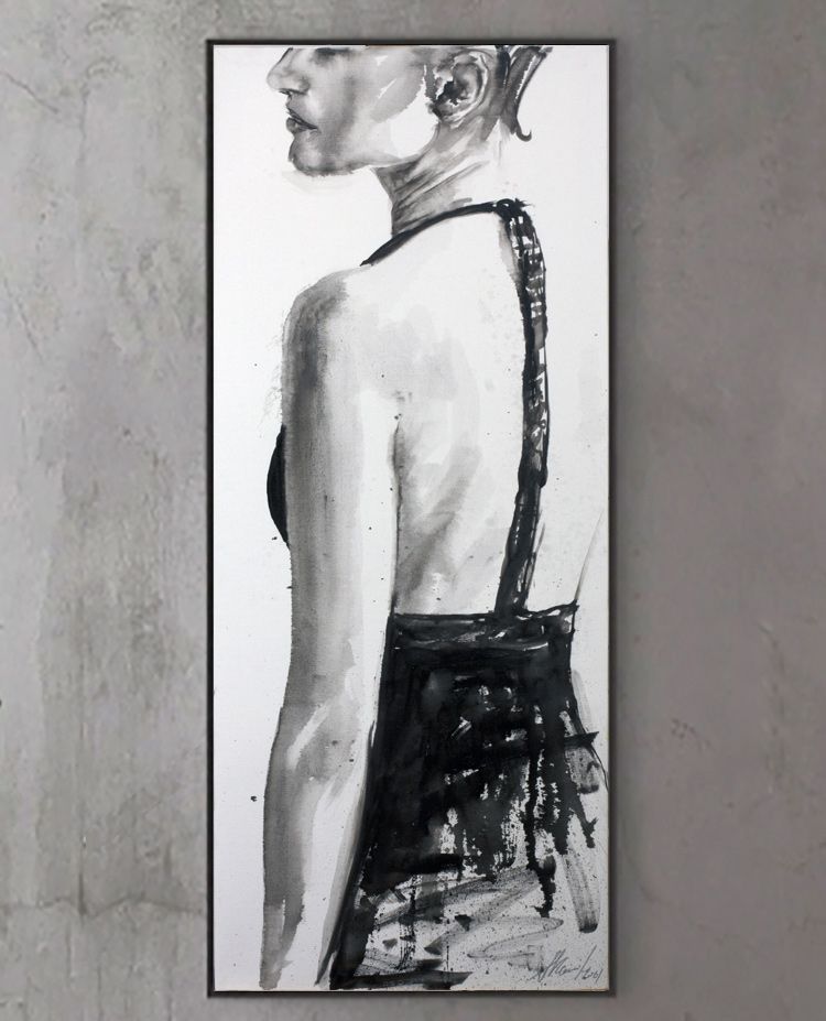 Girl in an evening dress. Black and white painting, oil portrait of a girl, back, profile of a girl in a black dress.