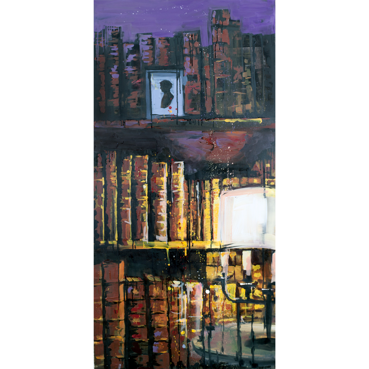 Portrait on the bookshelf. Painting by artist Alexander Clemens. Contemporary painting. Bookshelves. Table lamp light. Evening colors -art - Rectangle - Paint - Shades and shades - Racks - City - Reflection - art - Symmetry - Publication - Picture - Stil