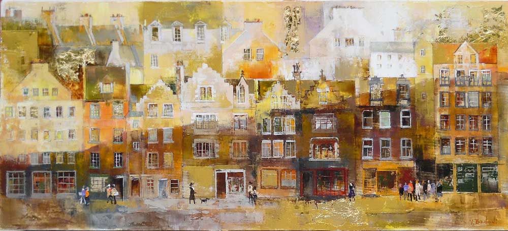 Image in the picture. Courtyard in Edinburgh. Decorative manner. Mixed media using gold leaf. Artist Veronica Benoni