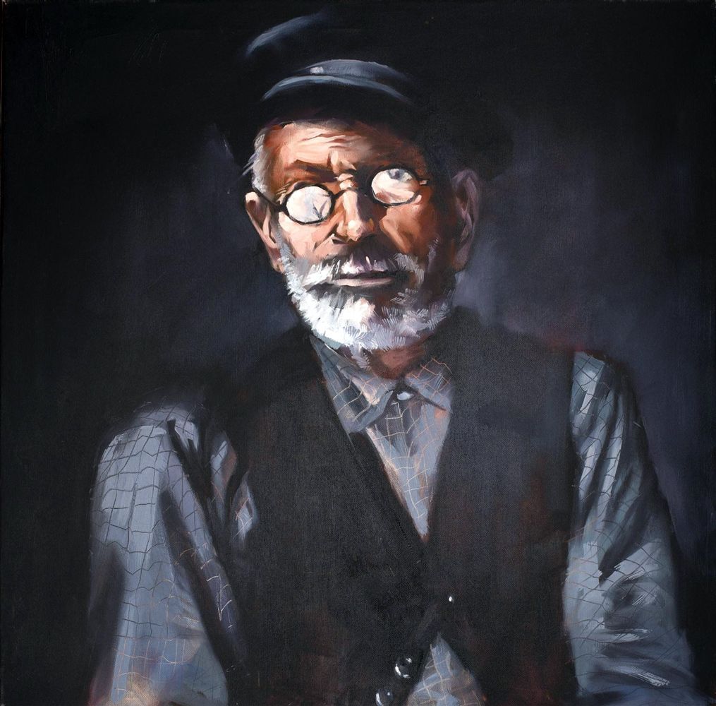 Contemporary painting. Oil on canvas. Portrait of grandfather.