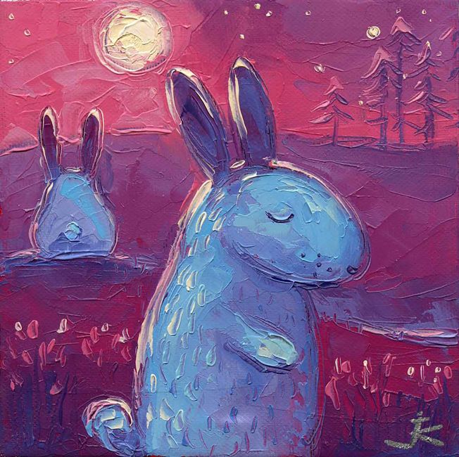 Hares on a moonlit night. Yellow moon. Devil's illustration