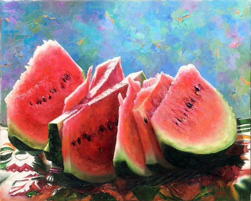 Still life. Contemporary painting. Realism. Image of a watermelon.