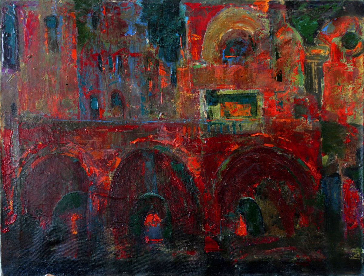 Contemporary painting. The ancient city in red colors. Ancient arches. Decorative style