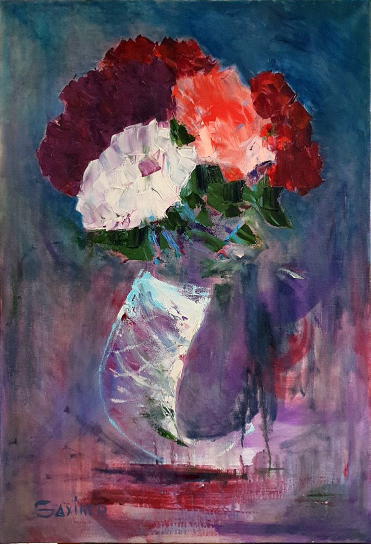 Contemporary painting. A bouquet of flowers in a crystal vase. Free manner of painting in the picture