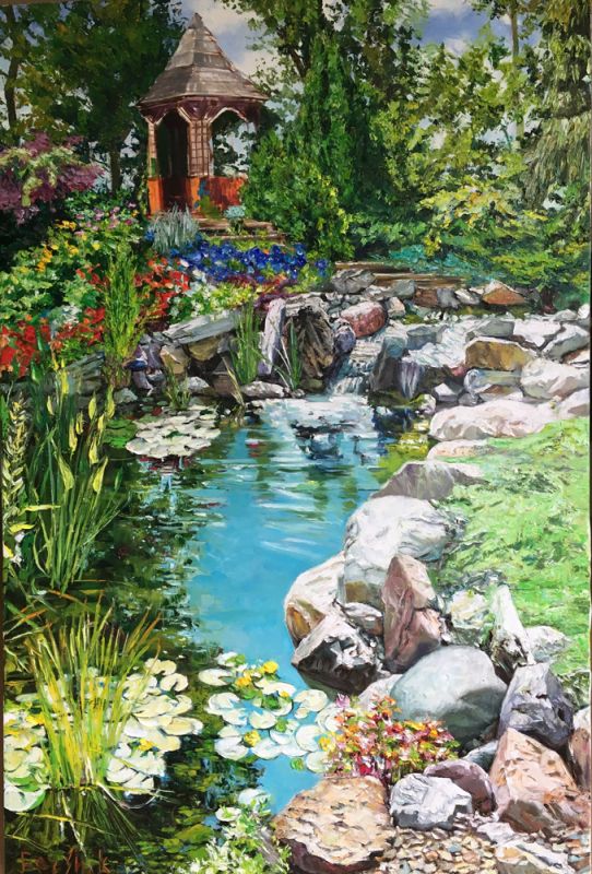 Gazebo by the pond. Contemporary realism. Painting with a palette knife.