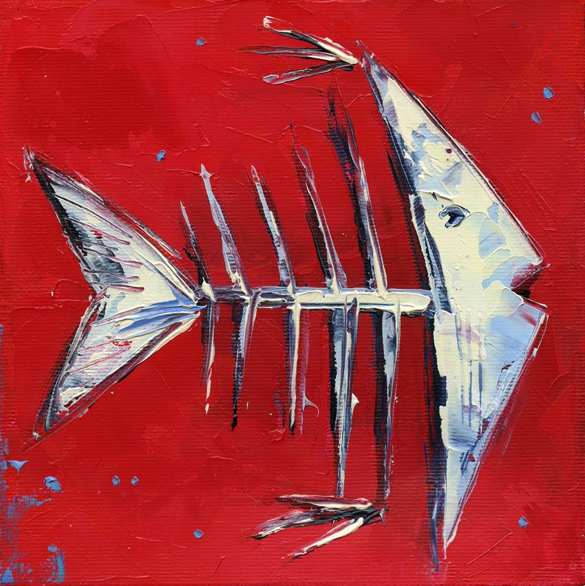 Fish skeleton. Red tones. Illustration for children.