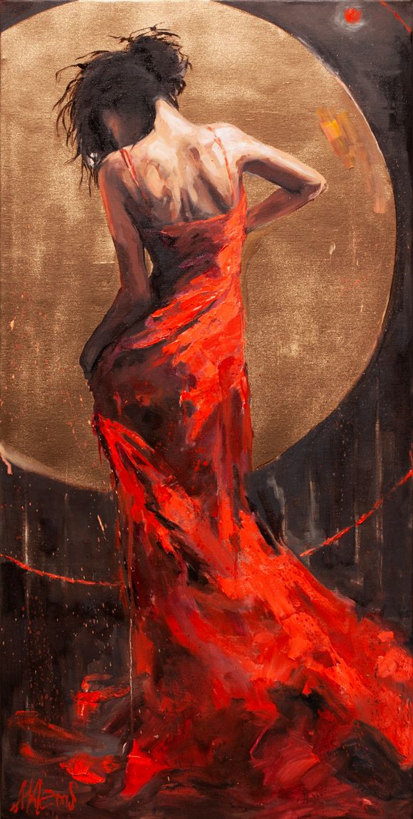 Oil painting of the Sun's allegory: a woman in a blazing red dress before a golden circle, radiating strength and brightness.