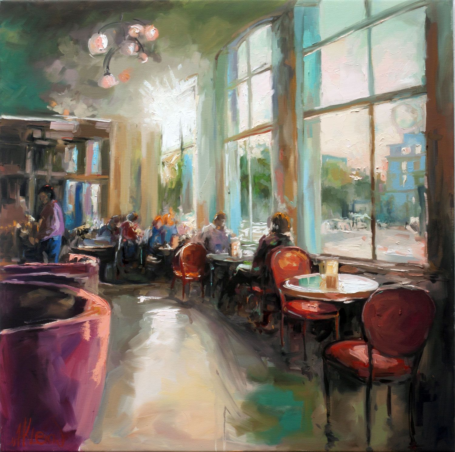 Oil painting by Alexandr Klemens, depicting a tranquil café scene with soft sunlight and a relaxing atmosphere. Available at Satija Gallery in Prague.