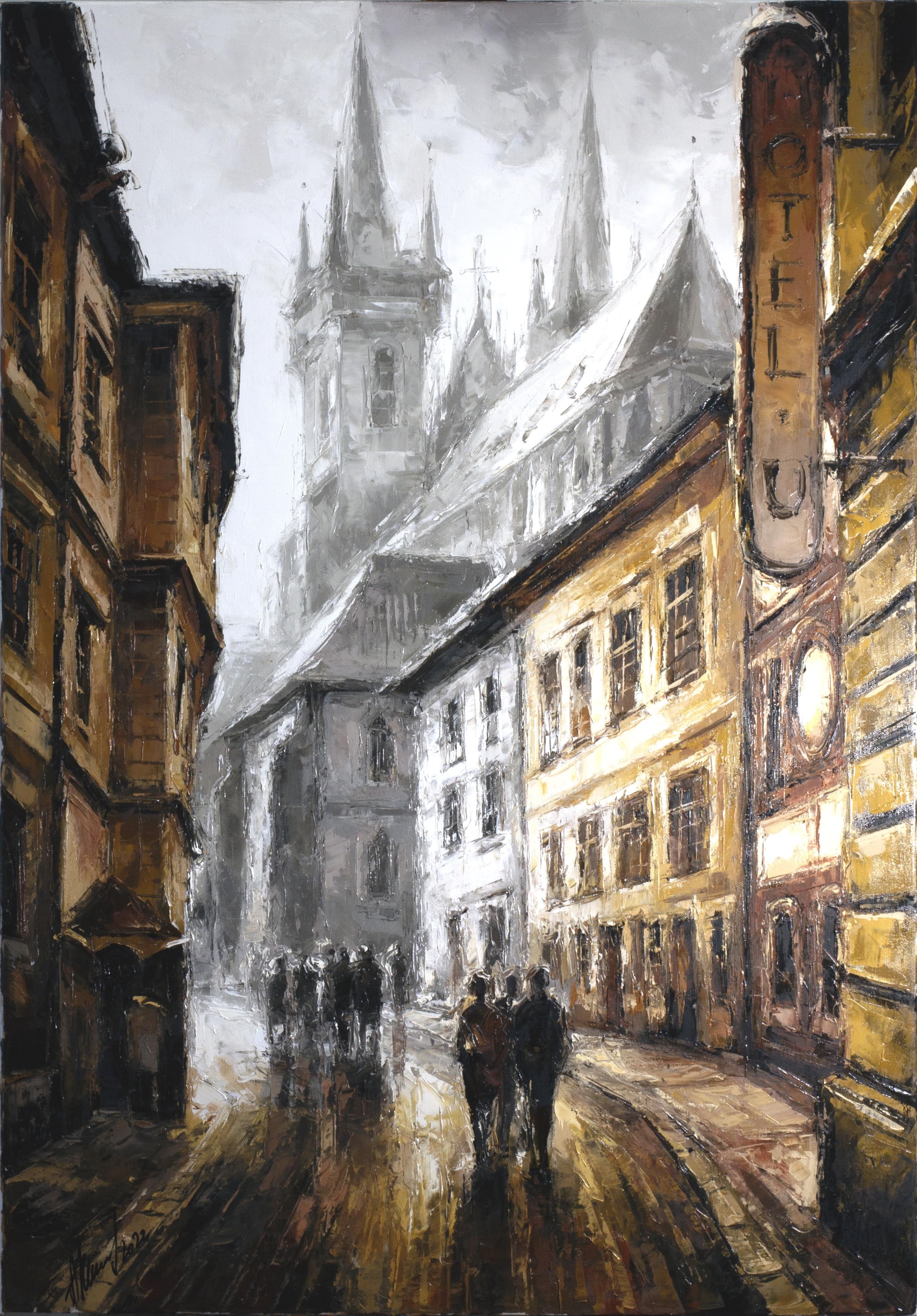 Streets of the old city. Prague hotels in the old town. Painting with a palette knife. Cortina in ocher colors.
