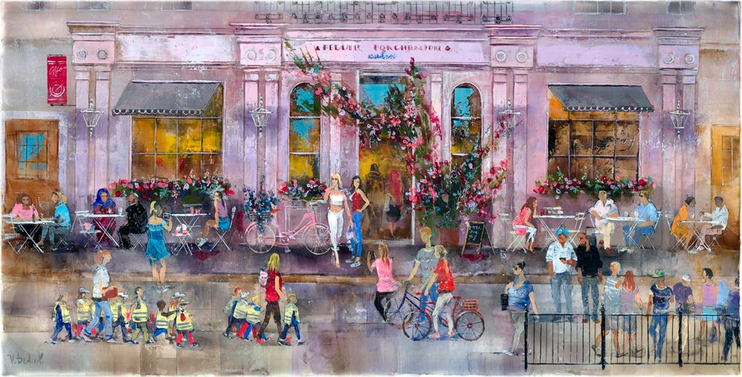 The cafe in the picture. London. Modern painting. Painting by Veronica Benoni. Pink tones. Bicycles. The outside. Passers-by. Children