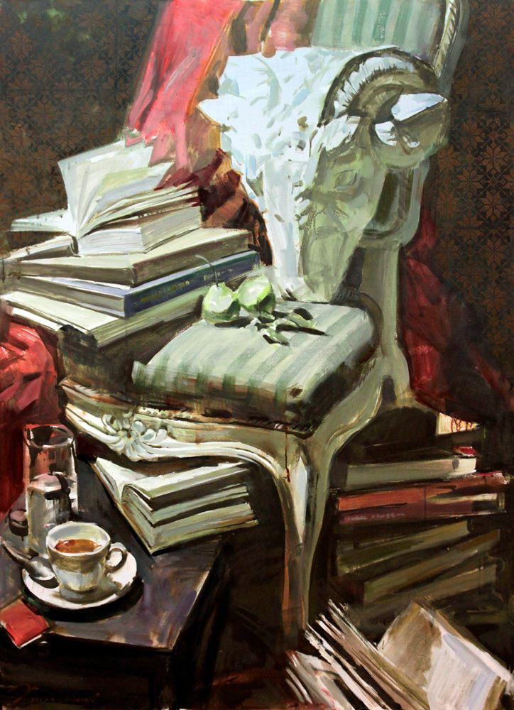 Contemporary painting. Still life in a realistic style. Books and antique furniture. Stucco