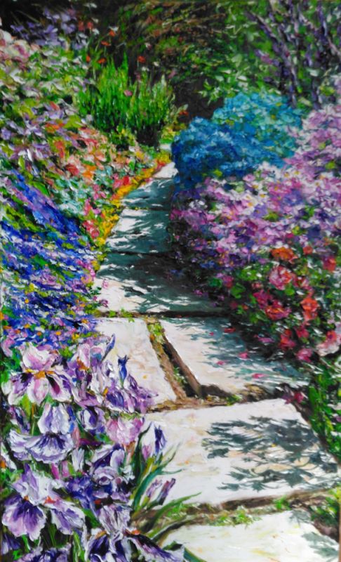 Stone path in the picture. Painting with a palette knife. Bright paints on canvas. Sunny weather.