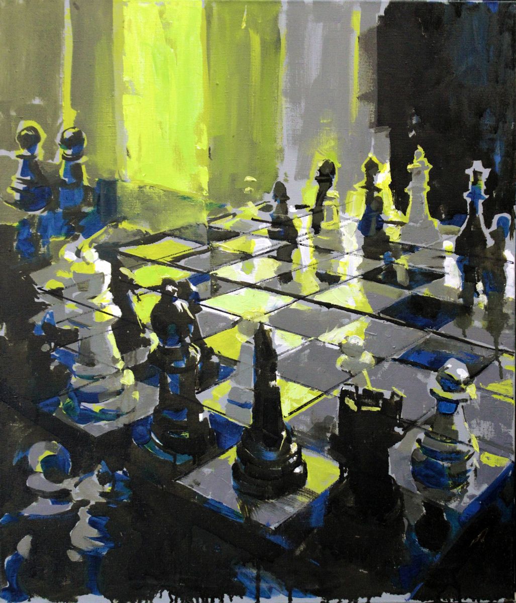Contemporary painting. Chess game on the board. Contrasting tones in the picture.