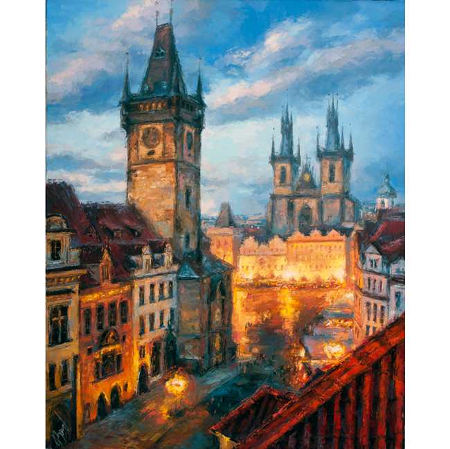 Oil on canvas - Oldtown Prague - Original painting - Sky - Buildings  - Old Tower - Architecture - Landmark - Clock - City - Waterway - Art - Cityscape -  Beauty - Steeple - House - Turret - Metropolis - Street Light - Medieval Architecture - Evening - T