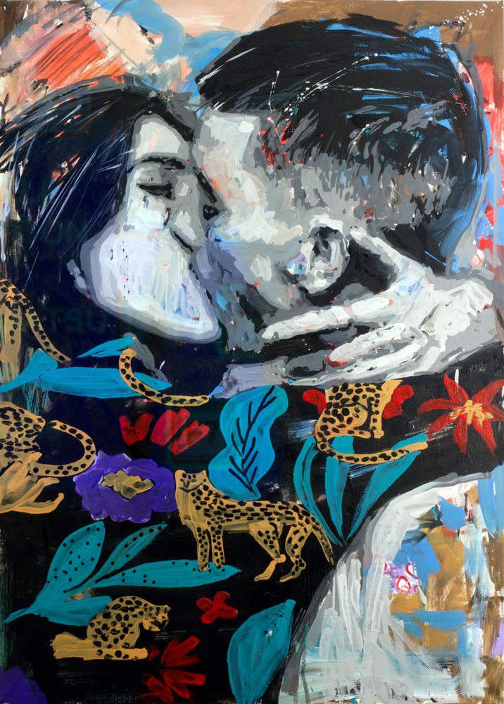 Kissing couple. Spring. lovers in the picture - Graffiti - art - Picture - art - Fresco - Street art - Electric blue - Carmine - Graphic design - Modern Art - Acrylic paint - Piece of art - Purple