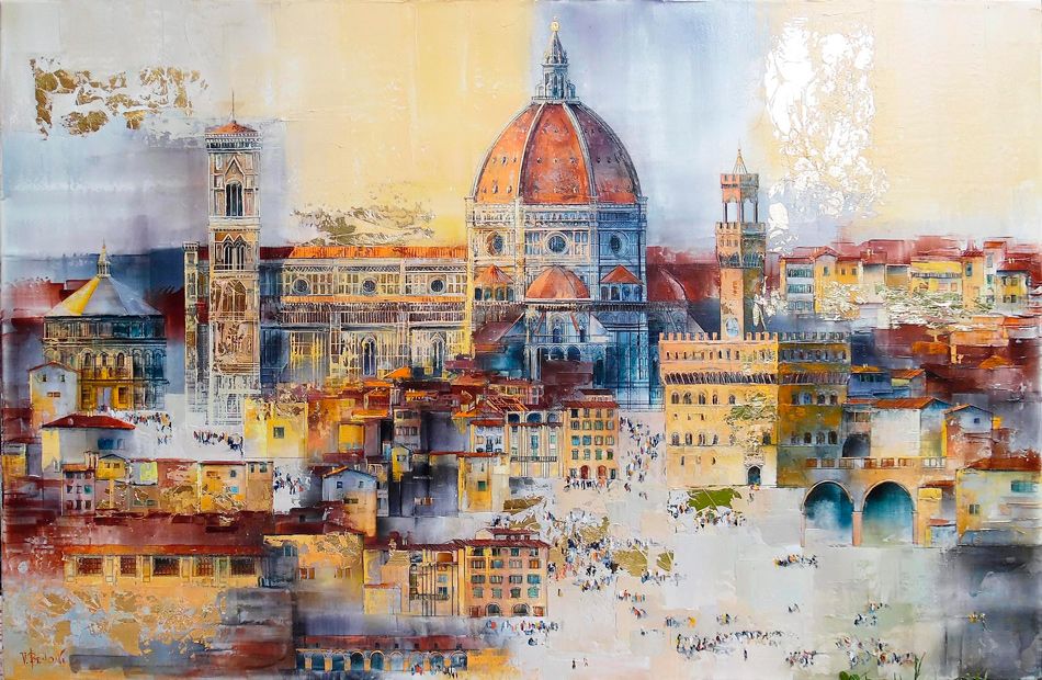 Modern painting. Decorative painting. Silver. Old City. decorative picture. Florence in the picture. Ancient temple.