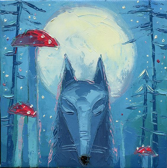 The wolf and the muhamors. Full moon. A fabulous picture for children. Night forest and full moon. Wolf in the forest.