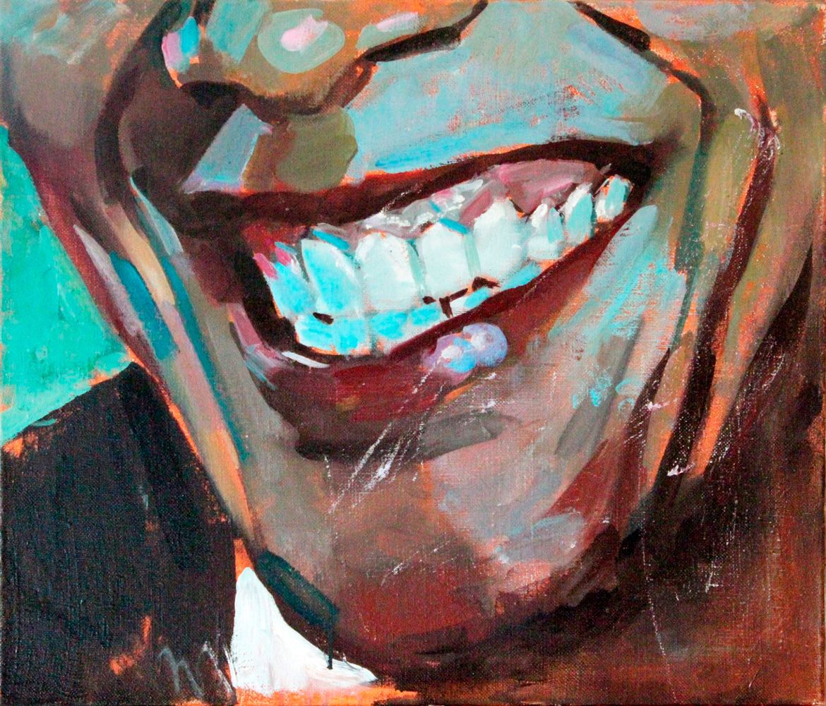 Contemporary painting. The smiling face is not a picture. Radiant smile.
