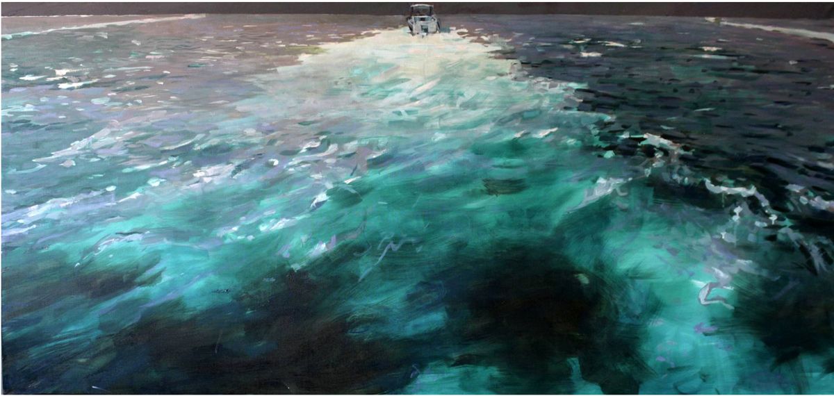 Contemporary painting. Sea waves in the picture. In the distance, a sailing boat. Play of light on sea waves. Foaming sea.